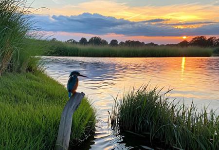 kingfisher, side profile, morning glow background, lake water grass, morning sky with cirrus clouds