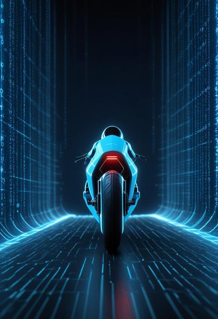 codeandigital, c0dean0igital, cyberw0rlds, (a sleek futuristic cyberbike light cycle, fully-enclosed driver, made from planes of digital light, shades of blue with a glass capsule cabin)++, racing over an (infinite digital grid, dark blue plain, regular light blue square grid lines). Stretching out from (behind the cyberbike, a digital wall of glowing blue light, extending from it, behind it into the distance)++. Far away, (tall black code walls, covered in odd red digital sigils)