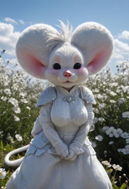 Closeup portrait. face closeup, 3d depth of field Simulation, closeup portrait of an fluffy high detailed white/grey furry busty slender diddl mouse fighter, high collar linen hanfu, translucent force auro, meditation stance, matrix feudal dojo trainings simulation in flower field under Blue sky, realistic, depth of lenticular, dramatic, bold lines async, deep blacks, illuminated from behind, holy Aura, Long dense grown river