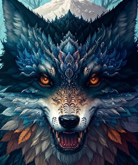 wolf surreal closeup, masterpiece by ncwinters, in the mystical mountains,  <lora:ncwinters-12-v2:1>