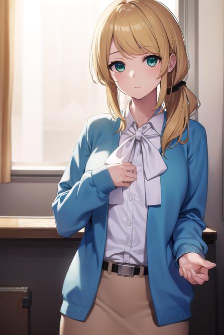 ellenbaker, <lyco:ellenbaker-lyco-nochekaiser:1>,
ellen baker, blonde hair, (green eyes:1.5), long hair, ponytail, scrunchie,
BREAK shirt, white shirt, collared shirt, cardigan, blue cardigan, belt, skirt, brown skirt, pencil skirt,
BREAK indoors, classroom,
BREAK looking at viewer, (cowboy shot:1.5),
BREAK <lyco:GoodHands-beta2:1>, (masterpiece:1.2), best quality, high resolution, unity 8k wallpaper, (illustration:0.8), (beautiful detailed eyes:1.6), extremely detailed face, perfect lighting, extremely detailed CG, (perfect hands, perfect anatomy),