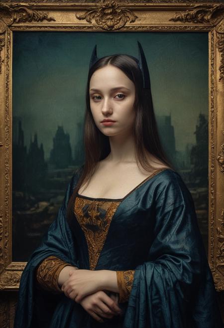 BATMAN as Mona Lisa photographic recreation of the famous painting, detailed matte painting, deep color, fantastical, intricate detail, splash screen, complementary colors, fantasy concept art