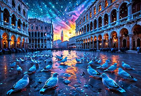 Many pigeons made of light particles are eating in Piazza San Marco in Venice. The composition is very real, stylized and highly graphic, a bright world. Flat colors, cel shading, Salvador Dali style, best quality, incredible quality, masterpiece, absurd, high resolution, colorful aurora, rainbow theme.