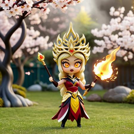 Justicar syndra with blonde hair, gold headpiece, gold eyes, made of plastic, holding a magic wand, fire comes from the wand, fire goes all around the wand, surprised face, shocked expression,  funny, japanese cherry blossom garden background, one tree caught on fire, <lora:novuschroma53 style:.9> novuschroma53 style