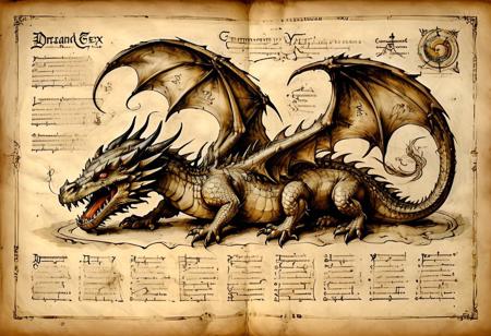 illustrated renaissance codex, made by Leonardo da Vinci, detailing the complex anatomy of a dragon, autopsy of a dragon , on parchment with scratches, intricate details, muted colors, sepia ink, charcoal drawings, china ink, high resolution