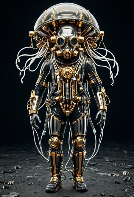 8k, Tilt shift photography style, mechanical jellyfish, walking, gas mask, squid gold part, Transistors shilver armor, shick shark arms, black face visor, mechanical back pack, shilver circuits, propeller on body, walking on the cave, simple dark background, minimalist, extremely detailed, qu4ntum