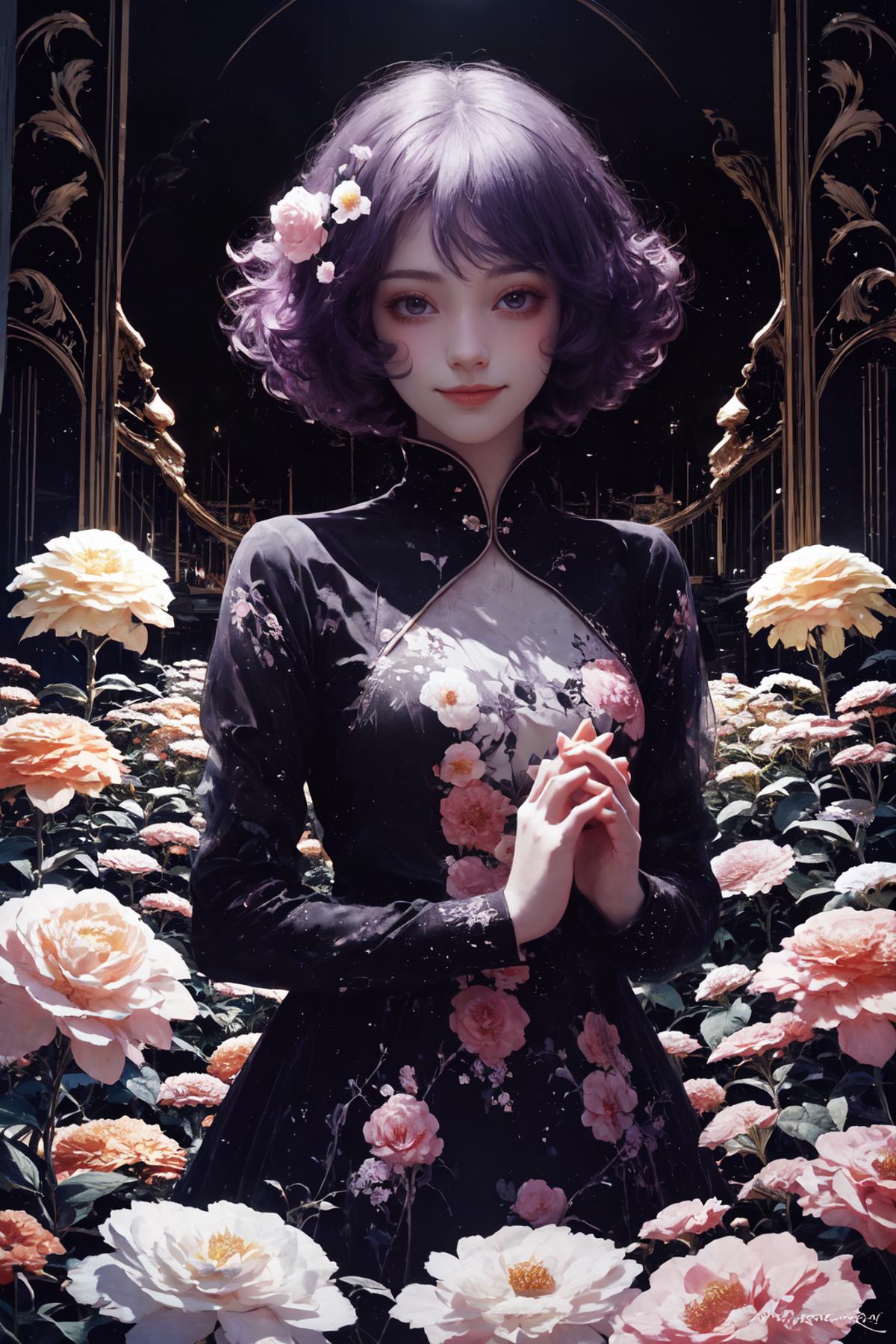 A woman with purple hair wearing a black dress with a floral design.