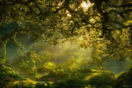 "A serene glade in the heart of Lothlrien, where golden mallorn trees tower overhead and silver streams babble softly over smooth stones, as ethereal elves flit among the branches, singing songs of ancient lore. Enchanting, ethereal, tranquil, magical, verdant, mystical."
FanLan