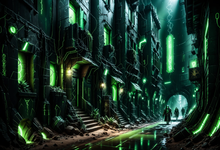 masterpiece, best quality, amazing quality, very aesthetic, absurdres, newest, very awa, highres, highly detailed, detailed shading,cinematic, volumetric lighting, 35 mm photo, high detail, ultrarealistic, 8k, wide shot BREAK
underground black‑market passage in a dark SF‑fantasy city,
dimly lit, cracked ceiling and winding stairwells above let shafts of daylight fall like divine beams,
dust sparkling in the light, damp stone walls,
eerie and unsettling mood, accents of toxic green neon light flickering,
crowded stalls, shadowy androids and alien species bartering ,Necron,electricity, green glow, green theme
 <lora:add-detail-xl:1> <lora:cfg_scale_boost:0.4> <lora:Necron_World_XL:1>