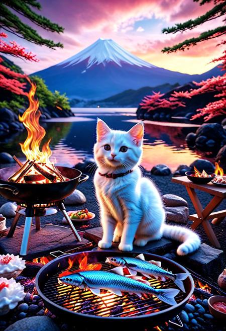 coralbugXL, kitten in beautiful campsite near mount fuji with beautiful lake, sitting next to campfire grilling fish, Food photography, Appetizing, professional, culinary, high-resolution, commercial, 
concept-art, digital, dreaminess, fantasy, other-worldliness, alien worlds, 
intricate details, highly detailed, ultra-detailed, absurdres, unreal engine, octane rendering, high contrast, vivid, vibrant, volumetric lighting, sharp focus, 
aid291, midjourneyv6.1,