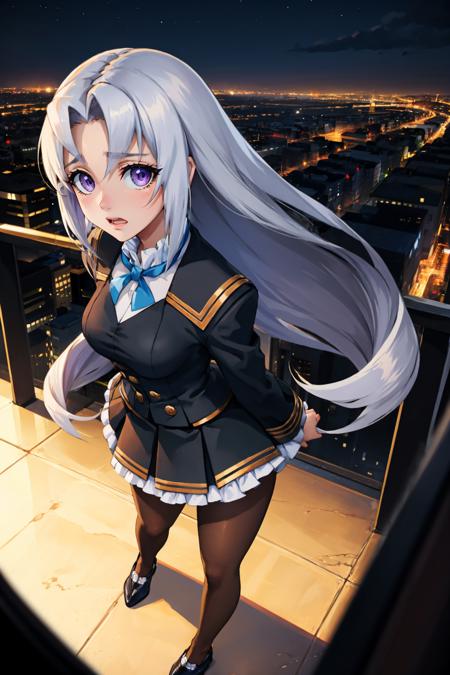 masterpiece, best quality,  <lora:azureelise-nvwls-v1-000010:0.9> defelise, black jacket, uniform, black skirt, pantyhose, scared, nervous, from above, looking at viewer, night, city