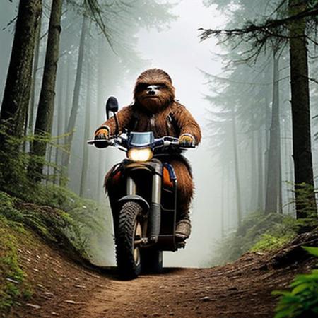 A full body photo of an Ewok on Endor, it's carrying an Uzi and riding an ATV, 
It looks cute and adorable yet fierce at the same time, The Ewok equivalent of Rambo, funny, 
highest quality, exceptional accuracy and realism,