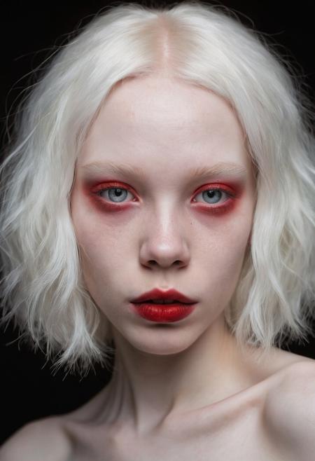 full shot of a Beautiful female dark girl, albino, extremely beautiful, young, red lights, professional studio photography style