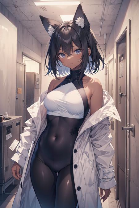 standing dark_skin 1girl, looking at viewer, closed mouth, (black medium hair), fox_ears, front opening oversized white coat, bare shoulders, black tight-fitting thin tights pants, skindentation, hospital background, (masterpiece, best quality:1.2), HDR, highres, ultra-detailed,