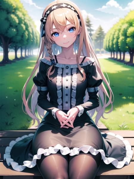 (hyper extreme detailed:0.8),(masterpeace),(hyper extreme),(photorealistic),CG,(colour:1.2), beautiful lighting,light from the front,official art, 1girl, sunny day,outdoor for park,looking at viewer,view straight on,  <lora:uzuki_kagura:1>,uzuki_kagura,blonde hair, hairband, blue eyes, black dress, black and white for striped pantyhose,