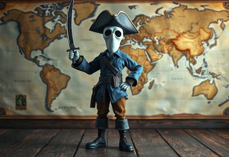 "A hyperdetailed cinematic matte painting of a Ghost Pirate standing confidently on a wooden surface, dressed in a blue shirt and brown pants, with a black hat perched on its head. The pirate wields a sword in its right hand, ready for an imaginary duel, while its left hand rests on its hip, exuding an adventurous spirit. Behind the figure, a meticulously detailed world map serves as a backdrop, adding a sense of exploration and adventure. The composition is playful yet dynamic, evoking the spirit of pirate lore. Rendered in Octane and Unreal Engine 5, with 4K resolution, lifelike details, sharp lines, and stunning, harmonious colors. The scene features captivating lighting, a dynamic action pose, and a creative angle, trending on ArtStation and CGSociety. Inspired by the styles of Raphael, Houdini, and Grammer Effect, with vivid emotions and a powerful message. The pirate’s face and eyes are exquisitely detailed, showcasing handcrafted precision and impeccable composition. Kodak Ektar film aesthetic, no text, trending on Instagram and ArtStationHQ."
