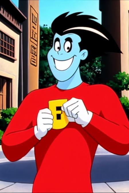 <lora:Freakazzoid:0.7>1boy, black hair, blue skin, clenched hands, full body, grin, male focus, parody, red shirt, simple background, smile, solo, teeth, on the street, cartoon, screenshot from the 1983 film,