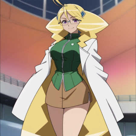 1 girl, blonder hair, purple eyes, two braids, glasses, hair Antenna, labcoat, brown miniskirt, green jacket, dark red high heels