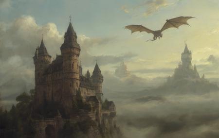 aethereal castle dragons flying in the sky tall spires that reach the clouds arcane magic by ClassipeintXL