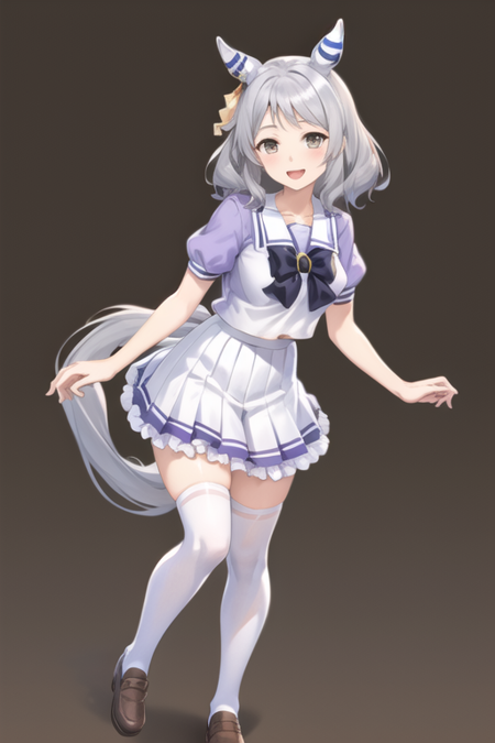 <lora:HishiMiracle-08:0.6>,hishi miracle, 1girl, solo, looking at viewer, smile, open mouth, skirt, simple background, shirt, thighhighs, bow, animal ears, brown eyes, school uniform, standing, tail, full body, short sleeves, :d, grey hair, pleated skirt, shoes, serafuku, puffy sleeves, miniskirt, bowtie, medium hair, sailor collar, white thighhighs, puffy short sleeves, brown footwear, white skirt, horse ears, frilled skirt, horse girl, horse tail, brown background, purple shirt, sailor shirt, tracen school uniform, summer uniform, ear covers, horseshoe ornament