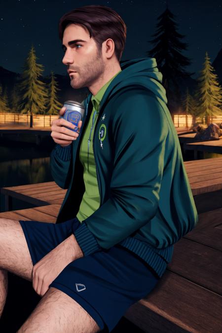 masterpiece, best quality, shane sdv, 1boy, solo, black shorts, night, sitting, can, sky, facial hair, profile, black hair, outdoors, green shirt, brown hair, drawstring, blue eyes, stubble, short hair, tree, blue hooded jacket, dock