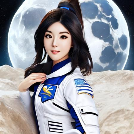 zkz atashi, waifu, realistic, masterpiece, best quality, Chinese Taiwanese (((zkz atashi))) dressed as an astronaut, looking at viewer, official art, black hair, ((beautiful symmetric face), perfect face, pretty face, [kawaii face], sexy face), beautiful brown eyes, ponytail, on the moon, alone, solo, 8k