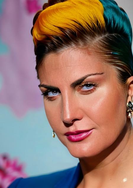 portrait photo of sibel_can, a model by Flora Borsi, style by Flora Borsi, bold, bright colours, Mohawk haircut, ((Flora Borsi))<lora:sibel_can-000011:1.0>