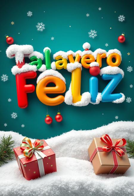 This image is a digitally created Christmas-themed artwork featuring the phrase ( " Talayero Feliz Navidad ") in large, colorful, three-dimensional letters. The letters are adorned with fluffy white snow, giving them a festive, wintery appearance. Each letter is a different color: red, green, yellow, and blue,with the "n"  sporting red Santa hats . The background is a deep teal color, with subtle snowflakes and small, shiny red and gold ornaments scattered throughout, adding to the holiday feel. At the bottom of the image, there are two wrapped gifts in red and gold paper with white ribbons, placed on a layer of white snow. The overall style is vibrant and playful, with a focus on the festive elements of Christmas, including the snow, ornaments, and the Santa hat. The image exudes a cheerful, holiday spirit, perfect for a Christmas greeting card or festive decoration.