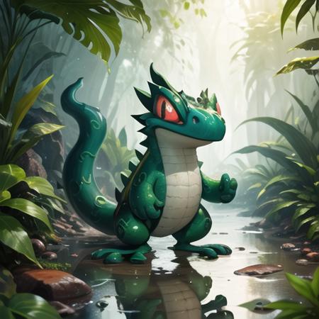 (8k, RAW photo, best quality, masterpiece:1.2), jungle, tropical forest, moisture, tail, green scales, red eyes, long tongue, puddles, steam, sweat, raindrops, vivid colors , techo, <lora:Techo:0.70>