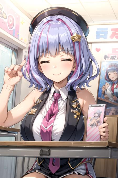 <lora:TomoKukuri-03:0.7> ,  tomokkr, smile, shirt, hair ornament, hat, bow, bare shoulders, closed mouth, closed eyes, purple hair, hair bow, necktie, sleeveless, collared shirt, star (symbol), sparkle, sleeveless shirt, red necktie, desk, star hair ornament, idol, pink necktie