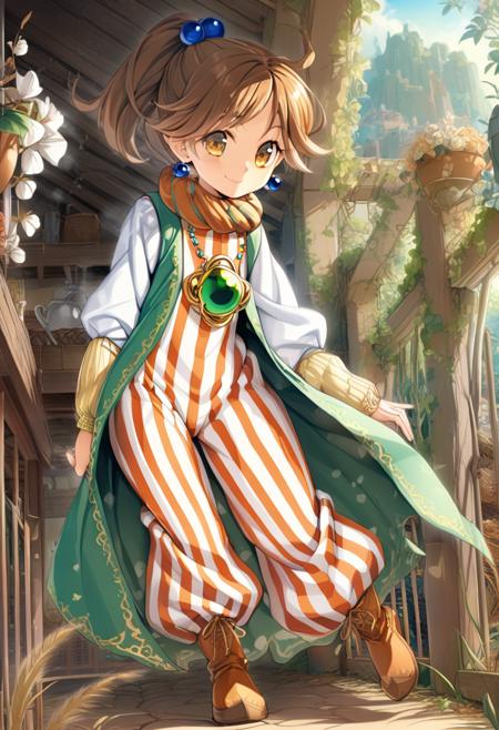 1girl,<lora:porom dsff4XL:1>,porom dsff4,hair bobbles,scarf,necklace,cape,earrings,striped pants,boots,full body,standing,smile,ultra-detailed,best quality,masterpiece