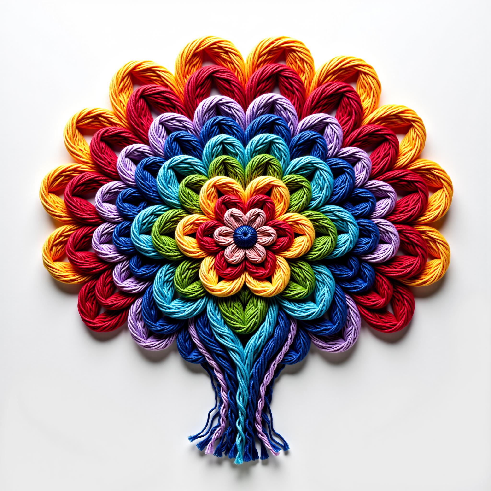 a brain like pattern made of yarn. It is made up of multiple layers of different shades of rainbow colored yarn threads, creating a textured and intricate yarn design. The center of the image is the focal point, which is a circular shape with a flower-like yarn design in the center. The petals are arranged in a symmetrical pattern, with each layer overlapping the one below it. The edges of the petals vary in size and shape, with some being larger and more prominent than others. The overall effect is one of depth and dimensionality. yarn style