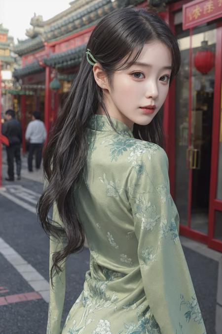 best quality, Lee Ji Eun, 1girl, solo, looking to the side,  china dress,(light green long sleeves printed china dress), upper body,  black eyes, lips, closed mouth,  realistic, (outdoors:1.1),<lora:ChinaDress:0.7:1,1,1,1,1,1,1,1,0,0,0,1,1,1,1,1,1> <lora:iu_idol:0.8:FACE>