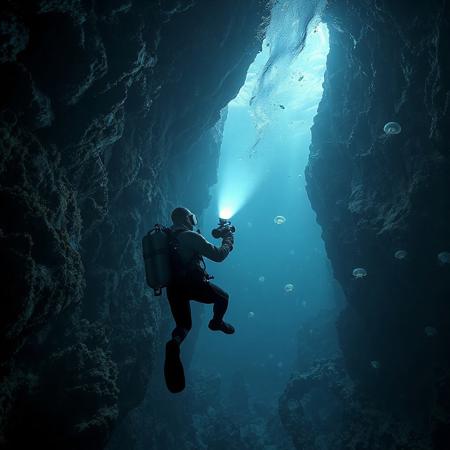 *"A breathtaking deep-sea abyss scene, with two massive rocky walls covered in bioluminescent coral and strange underwater flora. The camera angle is positioned above the diver, looking down as he explores the dark depths. The diver, wearing a high-tech deep-sea suit with glowing blue accents, holds a rugged underwater camera in one hand, filming the mysterious abyss. In his other hand, he grips a powerful flashlight, its bright beam cutting through the inky darkness, revealing eerie shadows and ancient ruins scattered along the ocean floor. Schools of alien-like fish dart away from the light, while strange, translucent jellyfish float in the distance. The water is thick with particles, creating a dreamy, cinematic atmosphere. The scene is dark, moody, and mysterious, with dramatic lighting from the diver’s flashlight casting long, haunting shadows. Ultra-detailed, photorealistic, 8K, cinematic underwater shot."*