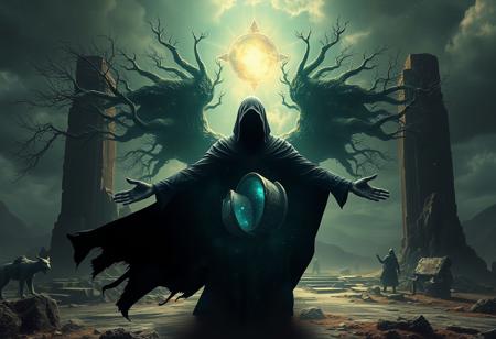 A universe inside a dark cloaked figure within mysterious landscape in an unfathomable realm of fantastic creation inhabited by ancient shadows of a forgotten time beyond the gate of the gateless gate where life is limitless, light is shadow and shadow is light, eerie sense, horror, spark of the beginning, existence and nonexistence at once, ethereal, outstretched arms, behold the end of the beginning, inglorious glory to the dark one, betrayal of the ancient order, beware the 7headed beast, destroyer of the old ways, bearer of the unbearable, nightmarish, archaic runes, tree aging backwards, breath of the gods, ruins of a place unimagined, extreme intricate detail, photorealistic, beyond epic scene, fate discarded, unseeable face of god, the end is the beginning, the beginning is the end, man arises as god dies, as above so below, as below so above, emerald tablet, thoth, guardian and saboteur of existence, hopeless hope, ghosts of the unborn, conception of the inconceivable, cosmic well of imperceptible perception, evil aura, infinite emptiness, pillars of void, overwhelming subtlety, abstract sacred geometry, beams of readiness without intention, gift of doom, despair of the ages, hidden secret warnings from dead gods, hand carved by the conductor of unholy loneliness with the sands of time incarnate, farewell her majesty of the most high, consumed by the night itself, beautiful tragedy of hellish discovery
