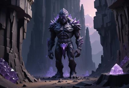 (fine texture, masterpiece, ultra-detailed, intricate, very awa, best quality, very aesthetic, absurdres, newest, volumetric lighting, scenery), voronoi, basalt columns, pixelized, voxels,
BREAK
geode colossus, mountain-sized golem made of amethyst shards rises from cracked earth. Its voxelized joints grind while crystalline birds flock around its glowing geode heart. basalt-column legs.