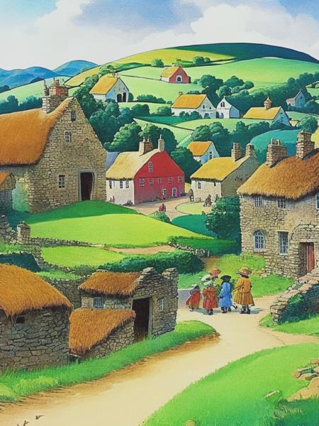 <lyco:RandolphCaldecott:1.0> A dull and washed out village with the children looking concerned and puzzled. Children's Book Illustration