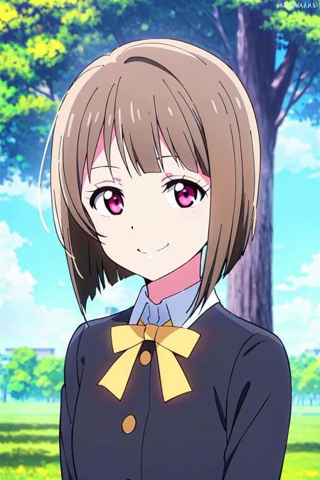 (best quality, masterpiece:1.2), 1girl, solo, cute, looking at viewer, smile, upper body, sky, outdoors, closed mouth
<lora:A_Nakasu Kasumi Anime New v2:0.8> nakasu kasumi, nijigasaki anime style, short hair, tree, bob cut, brown hair, asymmetrical hair, red eyes, nijigasaki academy school uniform, yellow bow