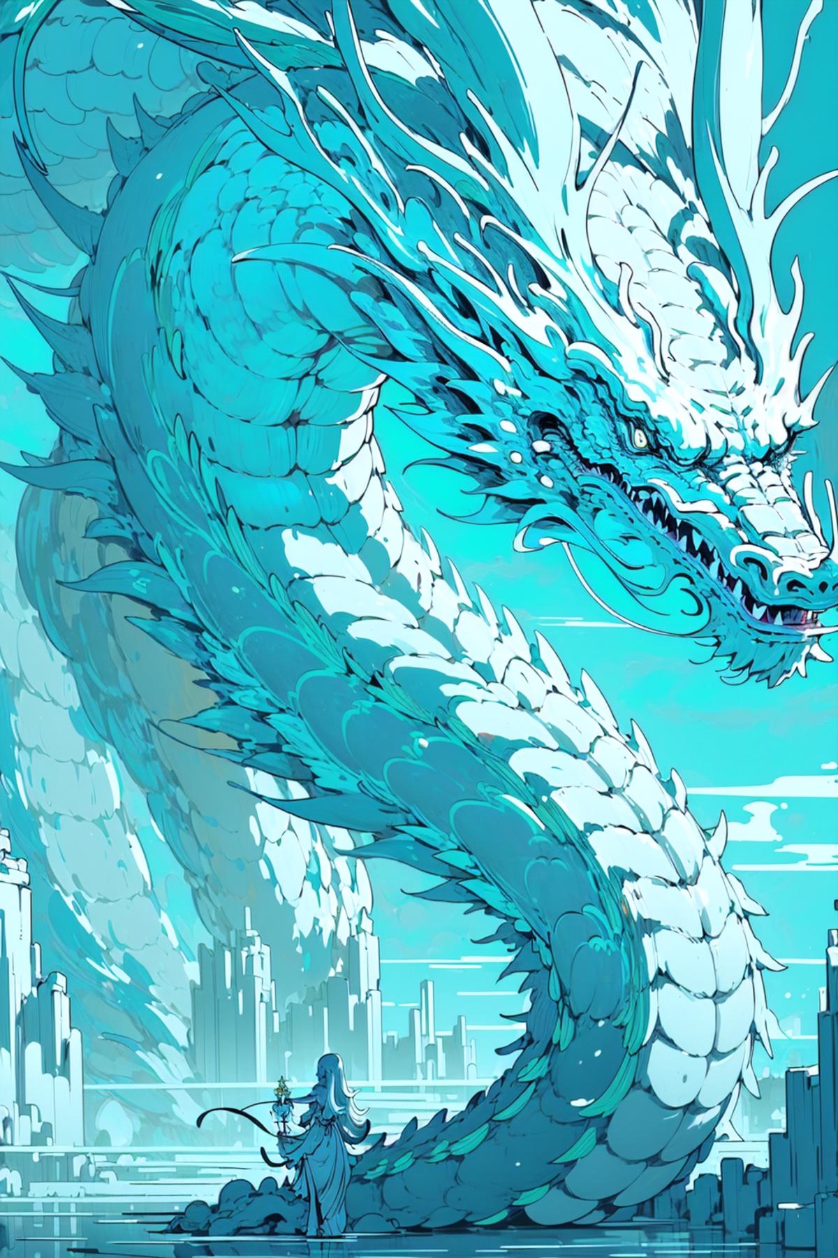 A Blue Dragon with a City Skyline in the Background