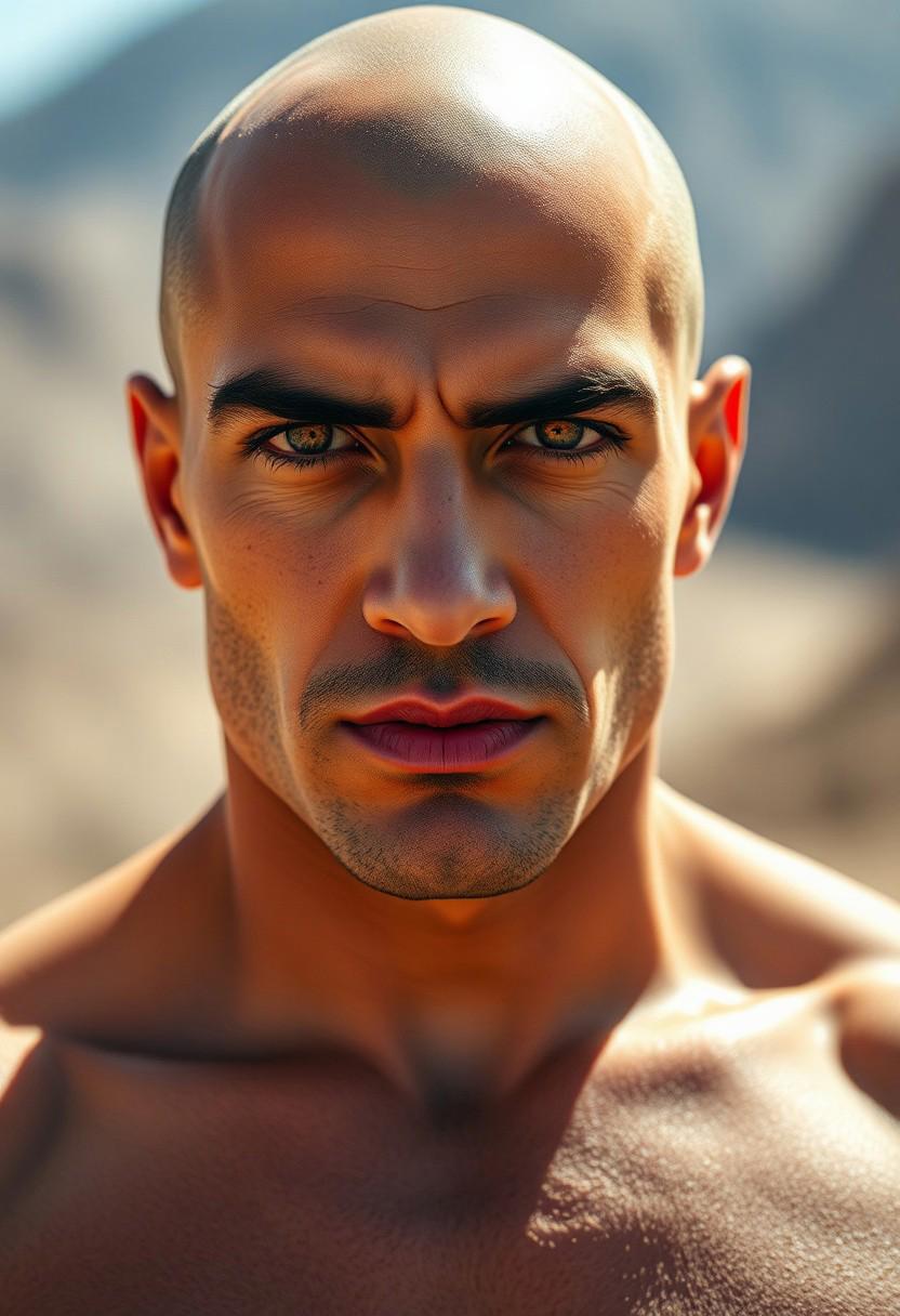 A young middle eastern handsome man with a mysterious aura, expressive golden majestic eyes, mascara, very wide jaw and completely bald round head, hairless clean shaven face. He has three dots tattoos under both eyes. He has bulging very wide neck and big body muscles (bodybuilder) and tan rough skin, he has a smirk, which add subtle roughness to his look. Photo is taken outdoors, with midday sunlight. background is a blurred, in mountains and deserts, creating a beautiful bokeh effect. Camera, Sony A7R IV 85mm f/1.4 prime lens Aperture, f/1.4 to achieve a shallow depth of field, ensuring the background is beautifully blurred while keeping the subject's facial features in sharp focus Shutter Speed, 1/300 seconds to freeze any slight movements and maintain sharpness ISO 300, to keep noise to a minimum Focus on eyes to ensure they are the sharpest part of image White Balance Set to 'sunlight' to maintain the vibrant day light. Close-up shot, framing face and bare shoulders. Position the subject slightly off-center using rule of thirds to create a more dynamic composition. Eye-level angle to create a connection between subject and viewer Enhance bright vibrant tones and slightly boost the saturation of background to make the colors pop. Apply selective sharpening to eyes and lips to draw attention to these features, extremely detailed skin texture with skin imperfections and vellus hairs