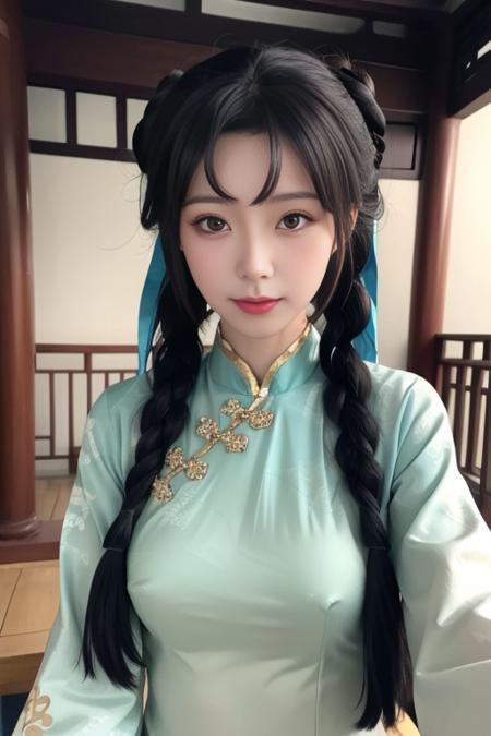 xishi,  shiyujiangnan, china dress, chinese clothes, ribbon, jewelry, bracelet, long sleeves, see-through, see-through sleeves,  black hair, long hair, twin braids, double bun, hair ribbon, hair rings, hair ornament,