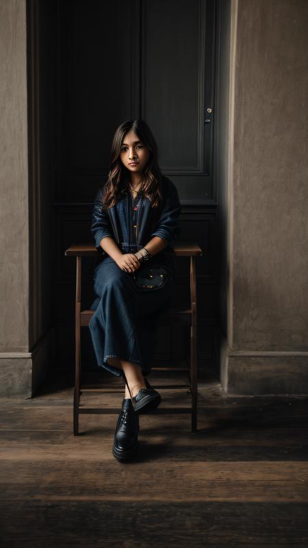 solitude, a person sitting on a chair alone mediating in a dark empty room, dark and mysterious ambience, dressed in normal clothes, detailed background, highly detailed face, extremely detailed, high quality, best quality, looking at viewer, facing camera, whole body, full body in frame