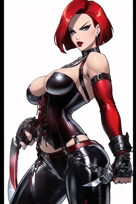 (1girls:1.4), (((solo,
 (black corset), red hair, ((short straight hair)) , ((leather pants)),  medium breats, fingerless gloves up to the elbows, bare shoulders, necklace on the neck, detailed accessories, red thighs, pants up to the hip,red lips, navel , garter straps, (((weapons in hands))),<lora:Rayne_TV1:0.5>
)))
(((mature and milf))),  wide hip,
 ((from below))((from front)),
(((sticker with white border))),  (((basic white background))),((solo)), (dynamic pose:0.9), photorealistic, (hyperrealistic:1.2), beautiful, masterpiece, best quality, extremely detailed face, perfect lighting,  nsfw,   glowing, ,  perfect eyes, large eyes, curly eyelashes,  (exited face:1.1) , ((perfect face)),  (((horny))), ((perfect hands)), (perfect hands),