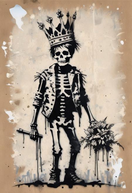 <lora:Banksy Style:1> Banksy Style page, banksy stencil print of a homeless punk skeleton wearing a crown, simple background