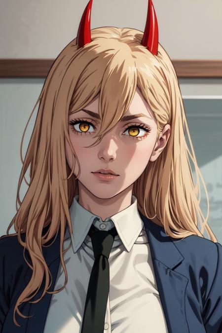 power_csm blonde hair, yellow eyes, cross-shaped pupils, symbol-shaped pupils, red horns, sharp teeth white buttoned shirt, blue jacket, black necktie, black pants, sneaker shoes