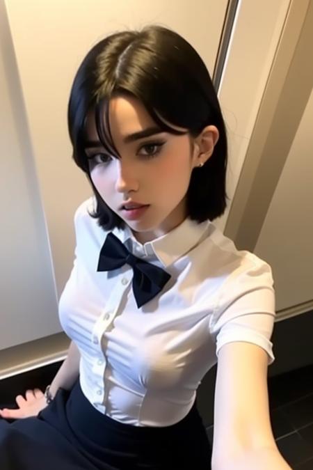 1girl, (short-sleeved JK_shirt),JK_style,(dark blue JK_skirt) ,(bow JK_tie), Brown eyes ,FACE,  makeup,red lips, eyeshadow, <lora:gore_jf-000002:0.9> <lora:koreanDollLikeness_v15:0.1>