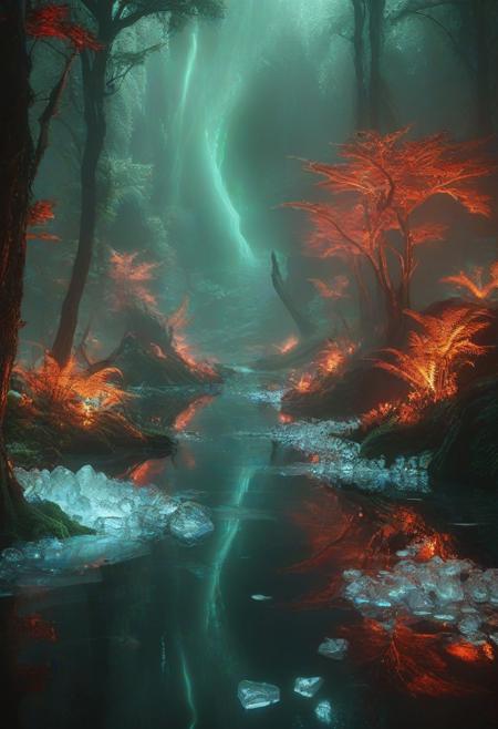 Ultrarealistic. sharp focus, dynamic lighting. play of light, reflection, refraction, Raytracing, Ultra detailed. Alien themed. Alien scenery. alien scenery background. alienworld. An alien fire dragon surrounded by ice.enchanting, cosmic, celestial, ethereal, vibrant flora, magical, luminous, serene, dreamy, radiant, bioluminescent, intricate details, surreal, enchanted forest