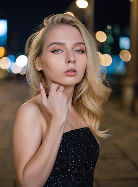 <lora:HelgaGrey_SDXL_v1.2:1> 
professional medium format 50mm (close-up headshot portrait) photography of a enchantingly gorgeous blonde (((ohwx woman))) in the city at night, shot on a Hasselblad X1D II 50C, extreme bokeh, wearing modest Dior black dress,