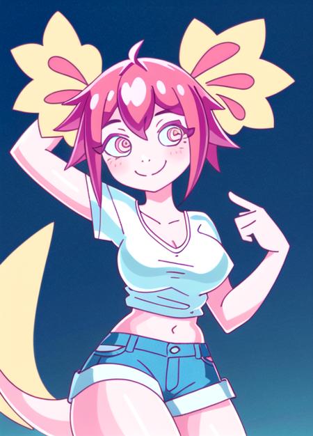 <lora:vitzypieaxol-09:0.7>0.7girl, pink hair, colored skin, pink skin, solo, short hair, breasts, smile, pink eyes, monster girl,shorts,jean_shorts,white_shirt,shirt,