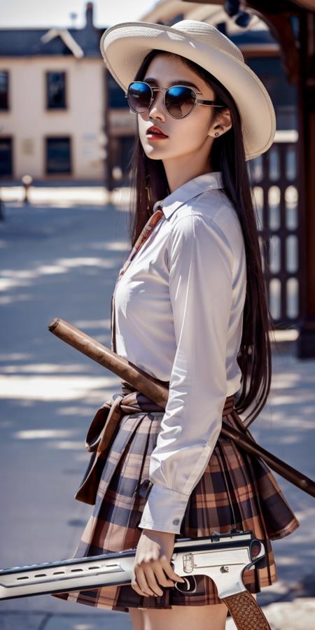 masterpiece,highres, highest quality,intricate detail,best texture,realistic,8k,soft light,perfect shadow, sunny,modern city,crowding falling leaf, portrait,erjie,1girl,high school uniform,cowboy hat,alternative hair,cute pink lips,Short scarf, cowboy boot, big gold necklace,famous watch, smoking the cigar,light sunglasses,thumb up,walking,Luxury, carry katana on waist,rifli on the back,street shot,